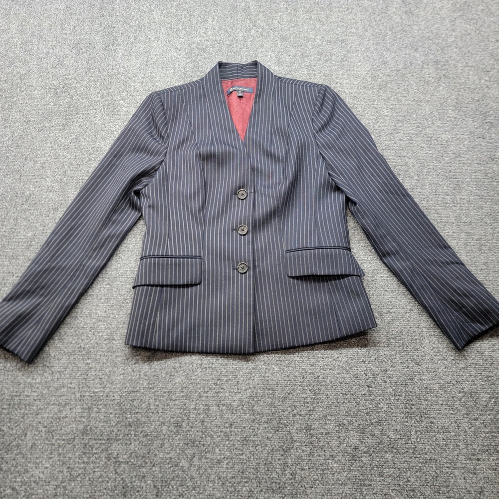 Brooks Brothers Petite Navy Blue Pinstripe Blazer Jacket Size 6P Burgundy Lining